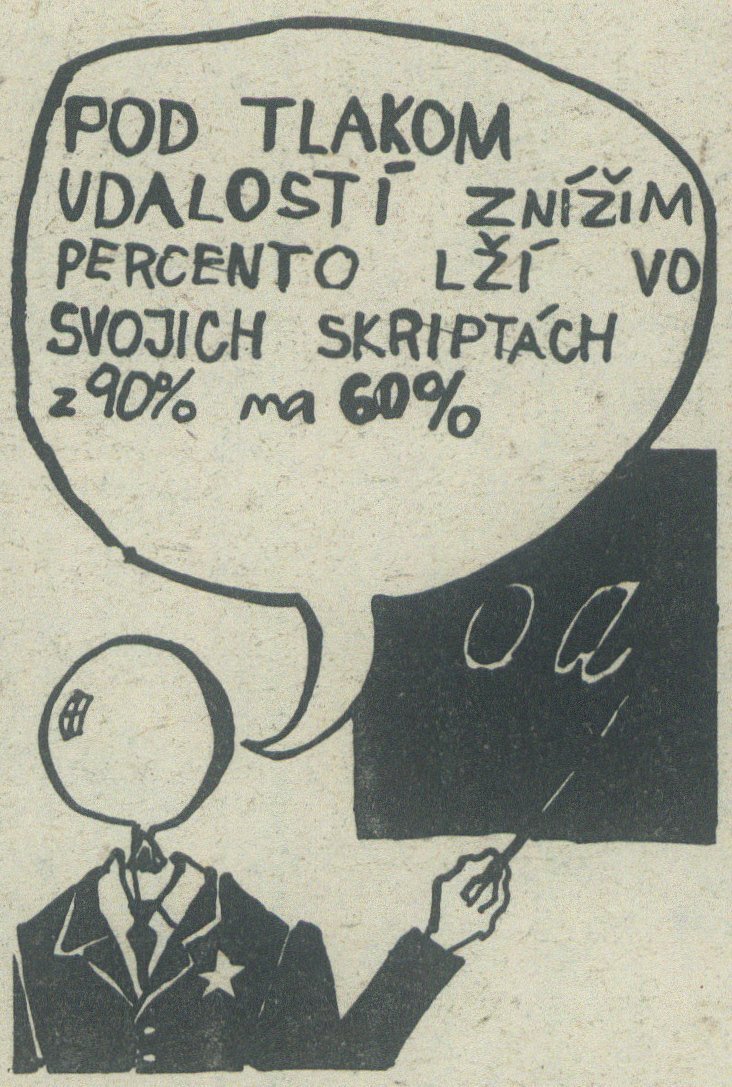 Pod tlakom udalostí znížim percento lží vo svojich skriptách, karikatúra v časopise Zmena. 1989. Univerzitná knižnica v Bratislave